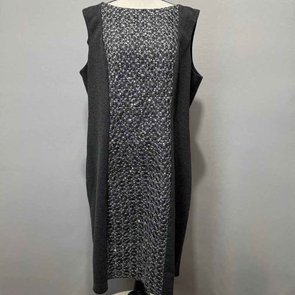 Chico's Sheath Dress Sz 3/16 Silver Metallic Sequin Embroidered Panel Sleeveless